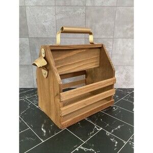Wooden 6 Pack Holder Caddy Crate Bar Beer Can Metal Handle Bottle Cap Opener